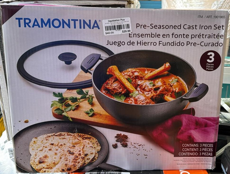 Tramontina Cast Iron Deep Kadai & Flat Tawa 3-Piece Cookware Set