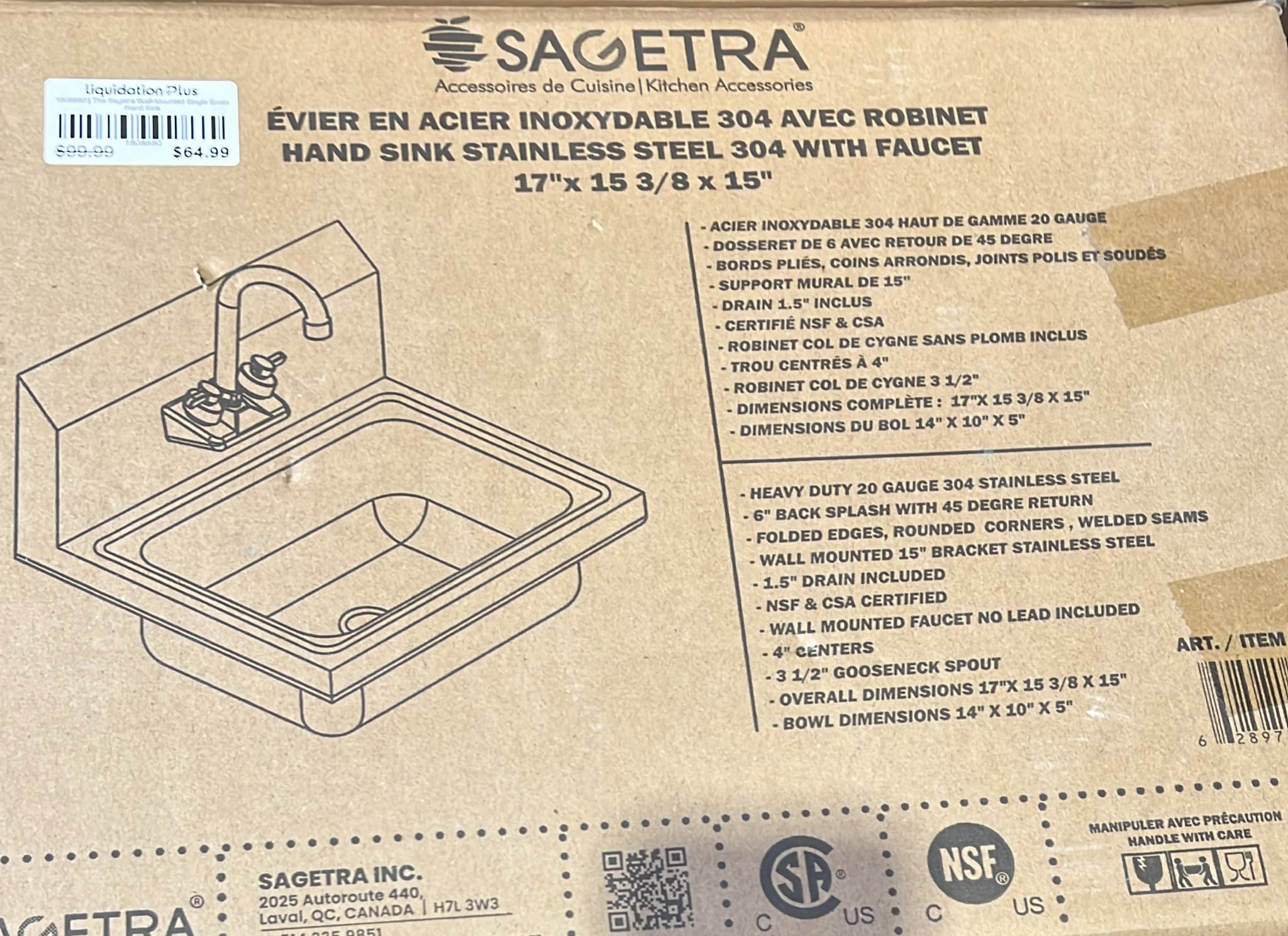 Sagetra Wall-Mounted Single Basin Hand Sink 20 Gauge Stainless Steel