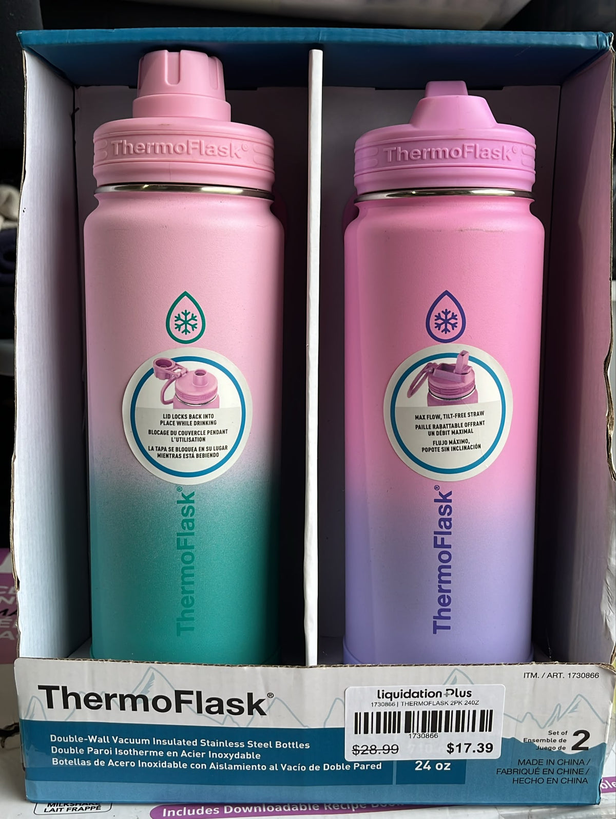 ThermoFlask Stainless Steel 700ml Water Bottle, 2 Pack in 3 Colour Combinations