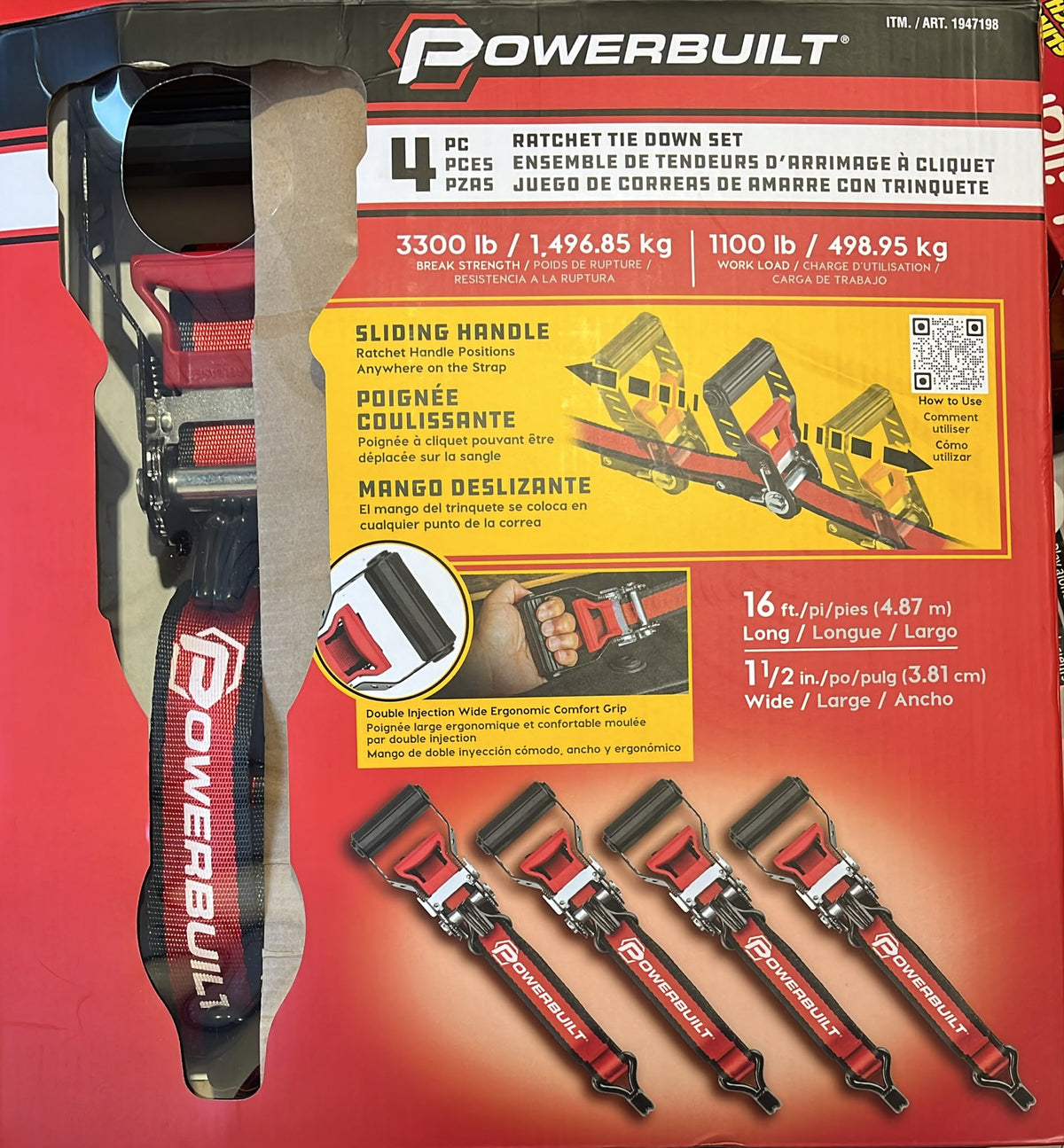 Powerbuilt 4-pc Ratchet Tie Down Set – 3.8 cm X 4.8 m (1.5 in. x 16 ft.)