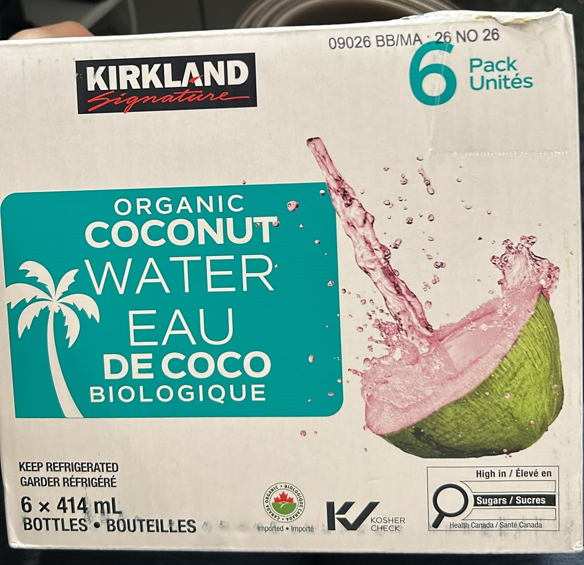 Kirkland Signature Organic Coconut Water, 6 × 414 mL