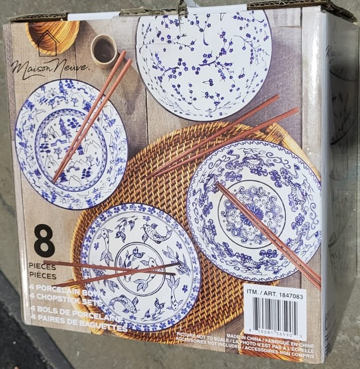 Maison Neuve Porcelain Noodle Bowl set with Chopsticks, 8-pieces
