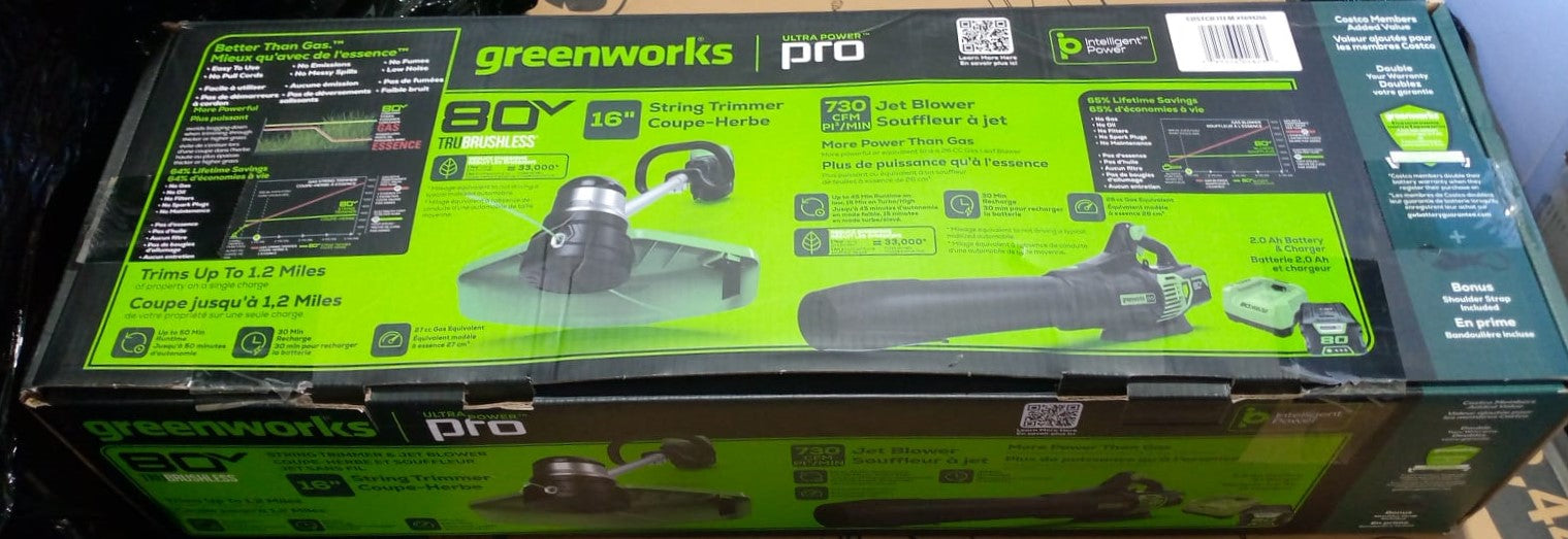 Greenworks 80V Combo Kit: 730 CFM - 170 MPH Brushless Blower + 16" String Trimmer+ Two Shoulder Straps, 2Ah Battery and Charger Included