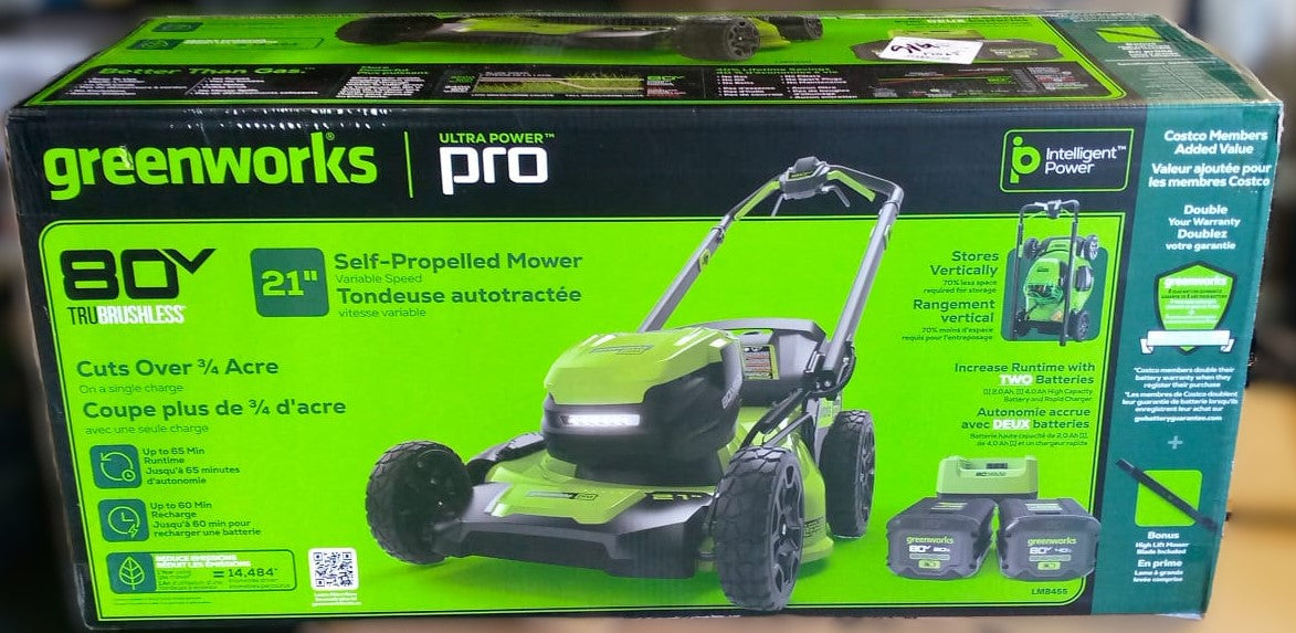 Greenworks 80V 21" Self-Propelled Lawn Mower with 1 Extra Blade, 2.0 AH + 4.0 AH Battery and Charger Included