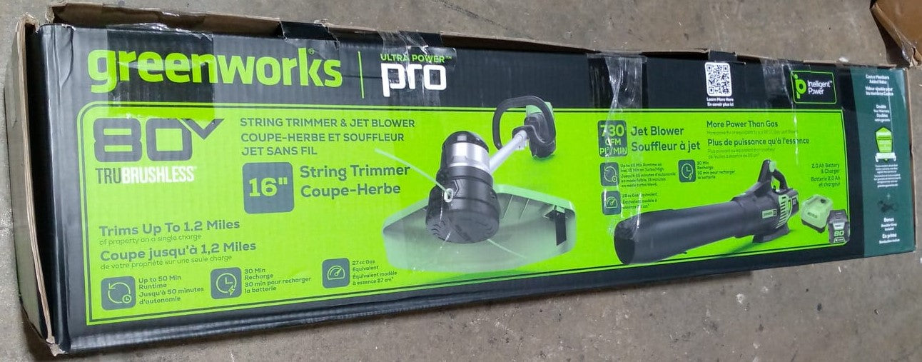 Greenworks 80V Combo Kit: 730 CFM - 170 MPH Brushless Blower + 16" String Trimmer+ Two Shoulder Straps, 2Ah Battery and Charger Included