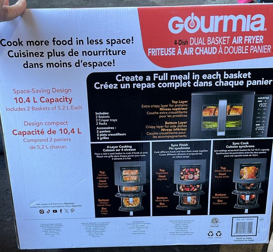 Gourmia 4 Dish Dual Basket Air Fryer with Sync Finish & Sync Cook, 10.4 L (11 qt.)