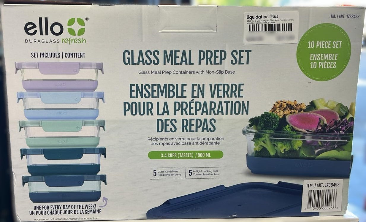 Ello Duraglass Glass Meal Prep Containers with Non Slip Base Set, 10 piece