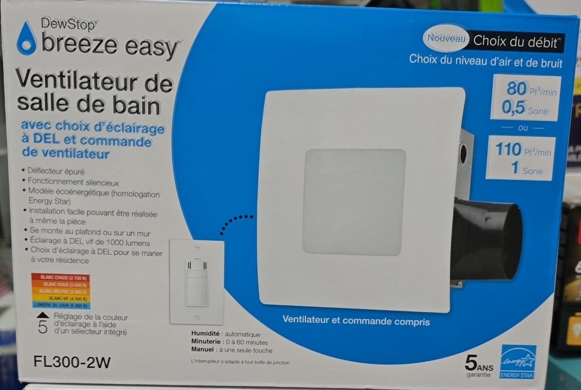 Dewstop 80-110 CFM Easy Install Bathroom/Bath Exhaust Fan with Adjustable LED Light & Humidity Sensing