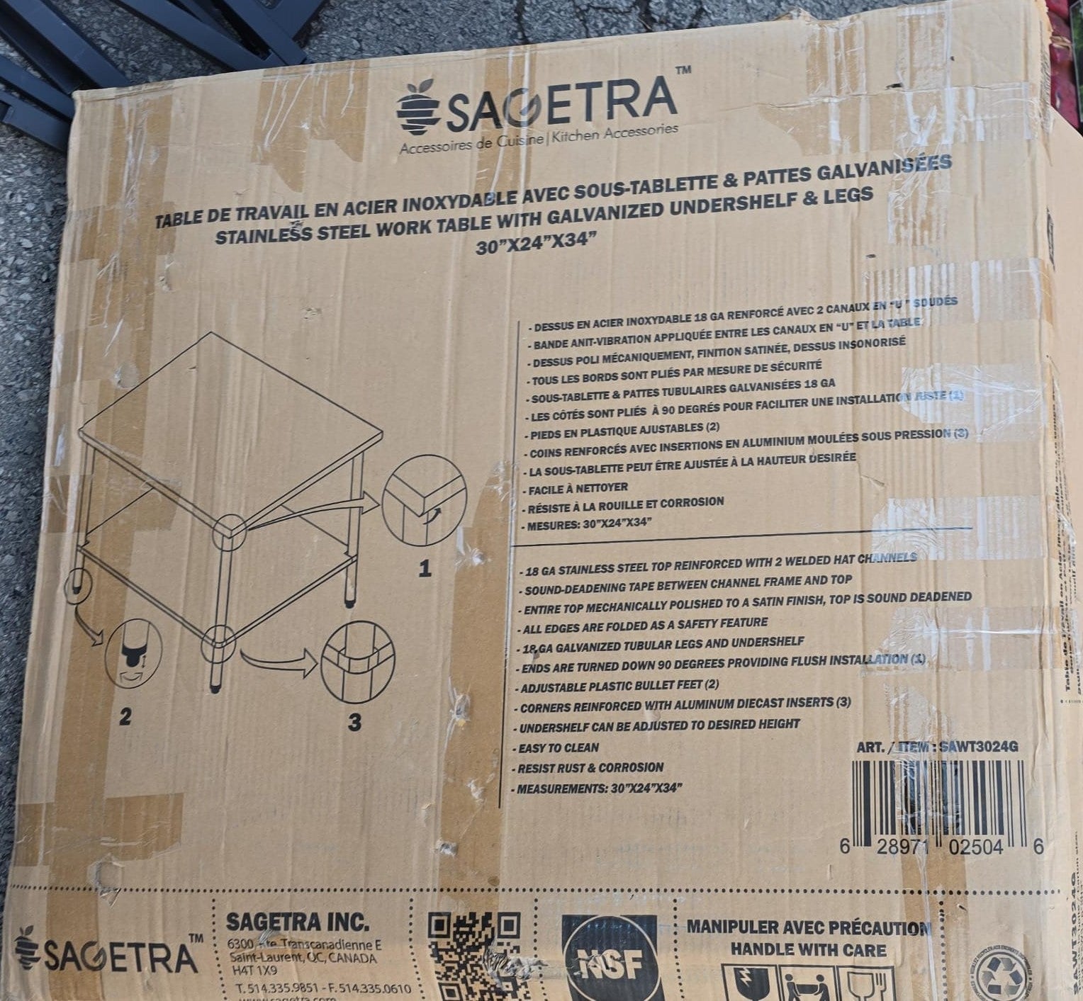 Sagetra Stainless Steel Worktable 30 in. × 24 in. × 34 in.