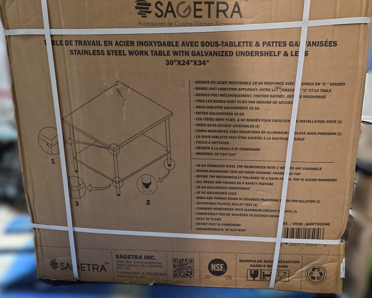 Sagetra Stainless Steel Worktable 30 in. × 24 in. × 34 in.