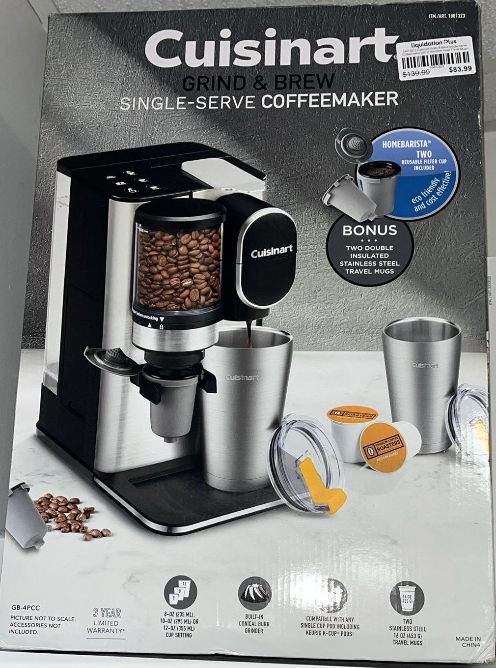 Cuisinart Grind & Brew Single-Serve Coffeemaker with 2 Stainless Steel Travel Mugs