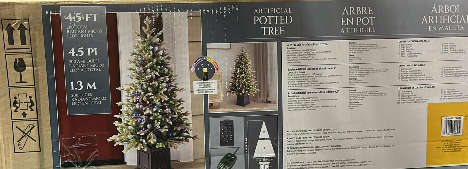 4.5 ft Pre-Lit Glitter Frosted Artificial Potted Christmas Tree, 200 Color-Changing Radiant Micro Twinkle LED Lights