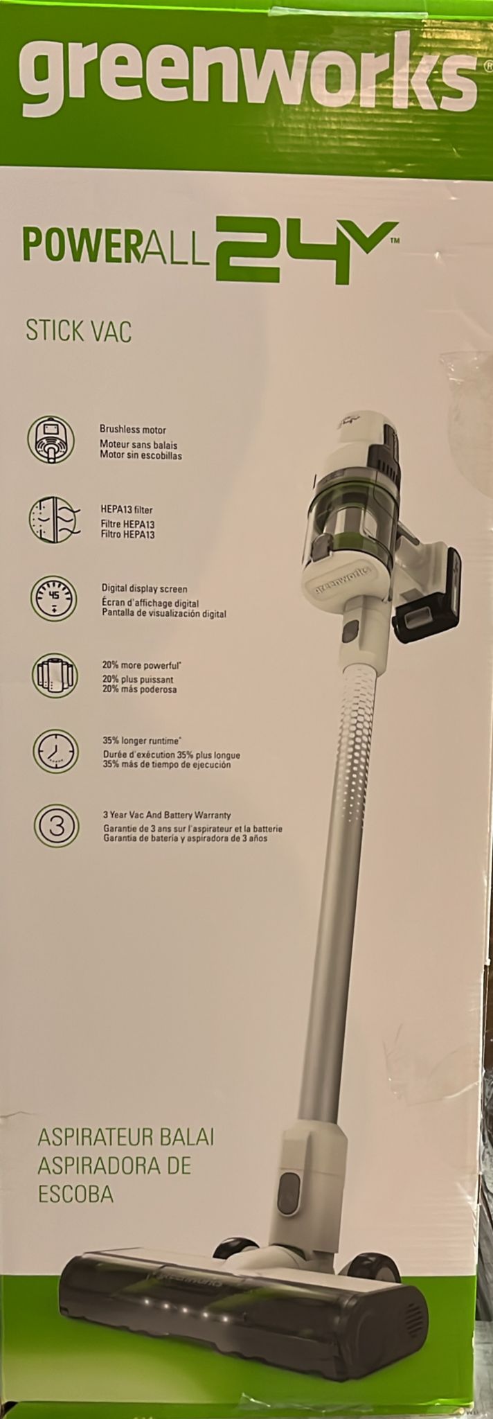 Greenworks 24V Stick Vacuum with 4.0Ah Battery and Wall Charger (4707002)