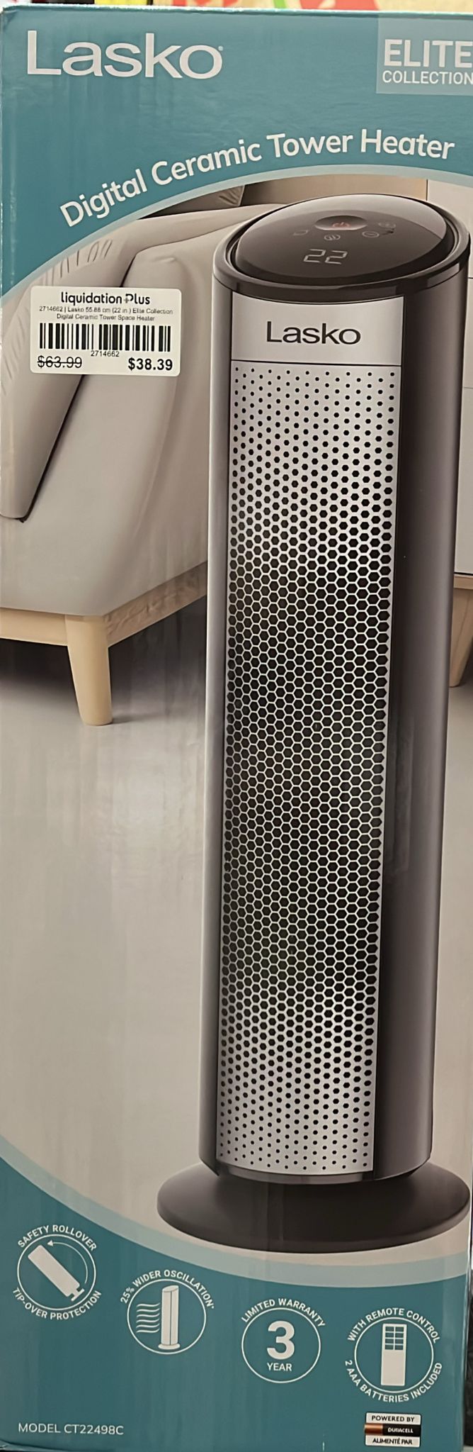 Lasko 55.88 cm (22 in.) Elite Collection Digital Ceramic Tower Space Heater