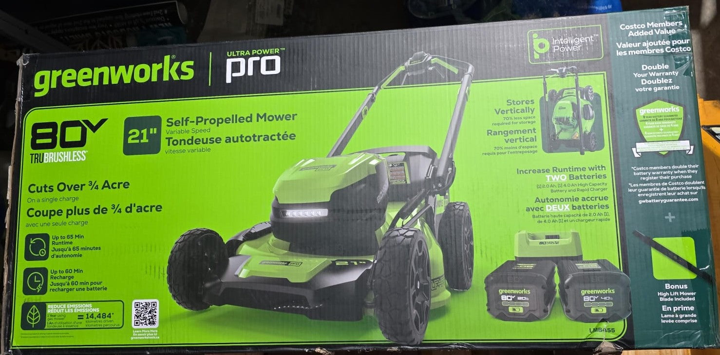 Greenworks 80V 21" Self-Propelled Lawn Mower with 1 Extra Blade, 2.0 AH + 4.0 AH Battery and Charger Included