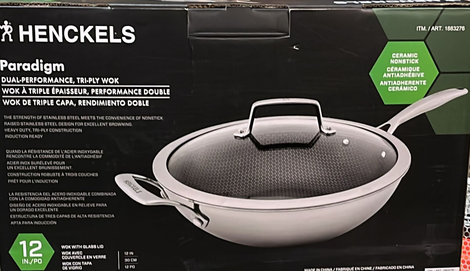 HENCKELS Paradigm Hybrid Ceramic Non-stick Tri-ply Clad Wok with Glass Lid, 30cm (12 in.)