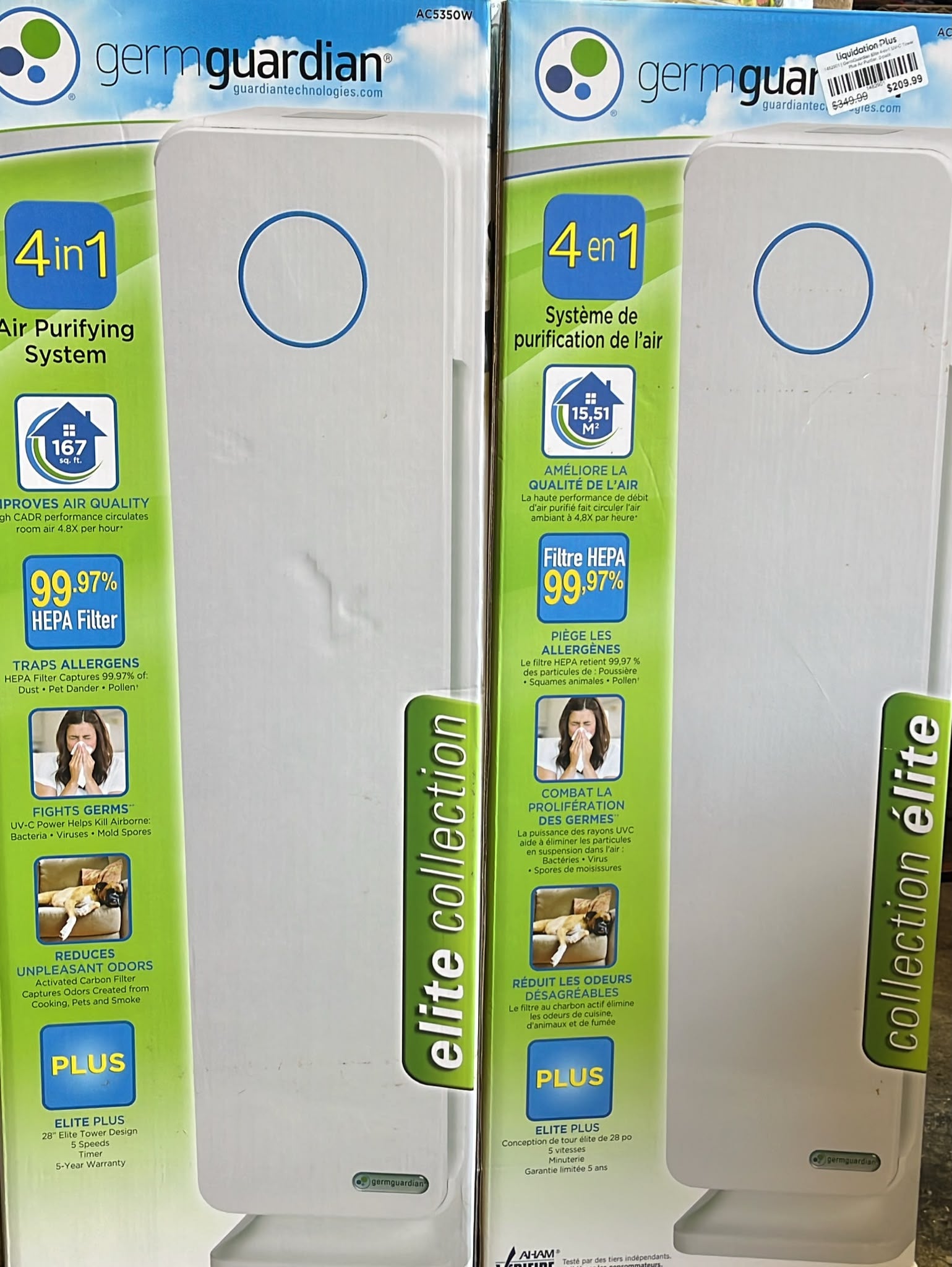 GermGuardian Elite 4-in-1 UV-C Tower Plus Air Purifier, 2-pack