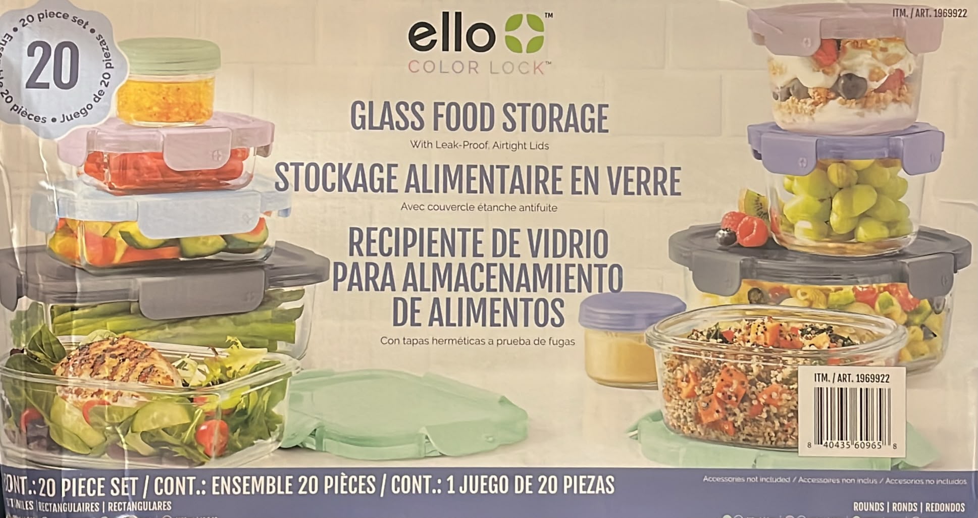 Ello Colour Lock Mixed Glass Meal Prep Food Storage Set, 20-piece