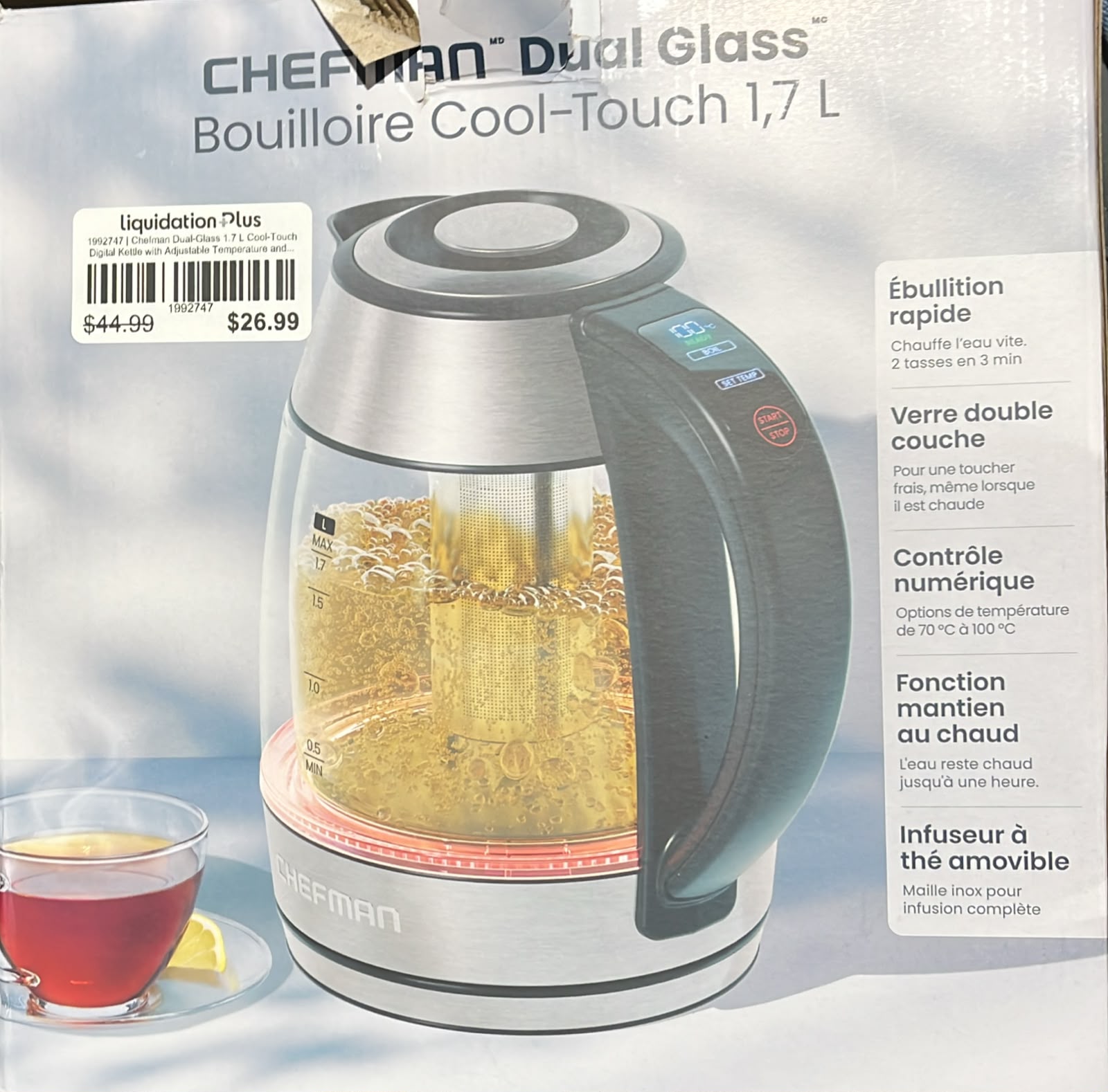 Chefman Dual-Glass 1.7 L Cool-Touch Digital Kettle with Adjustable Temperature and Removable Tea Infuser
