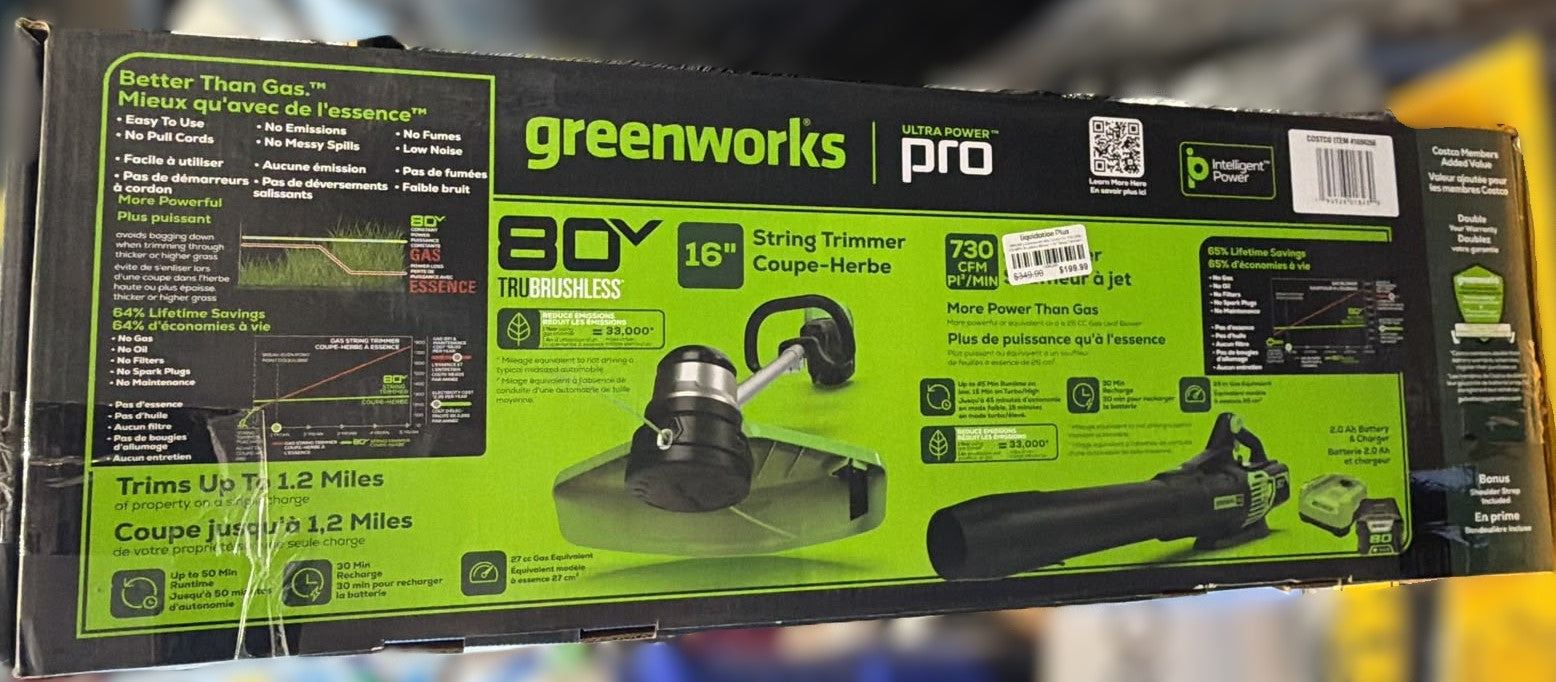 Greenworks 80V Combo Kit: 730 CFM - 170 MPH Brushless Blower + 16" String Trimmer+ Two Shoulder Straps, 2Ah Battery and Charger Included