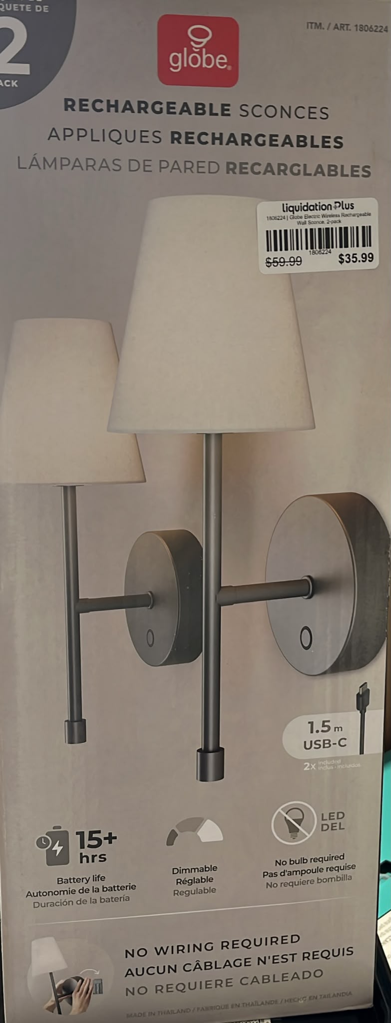 Globe Electric Wireless Rechargeable Wall Sconce, 2-pack