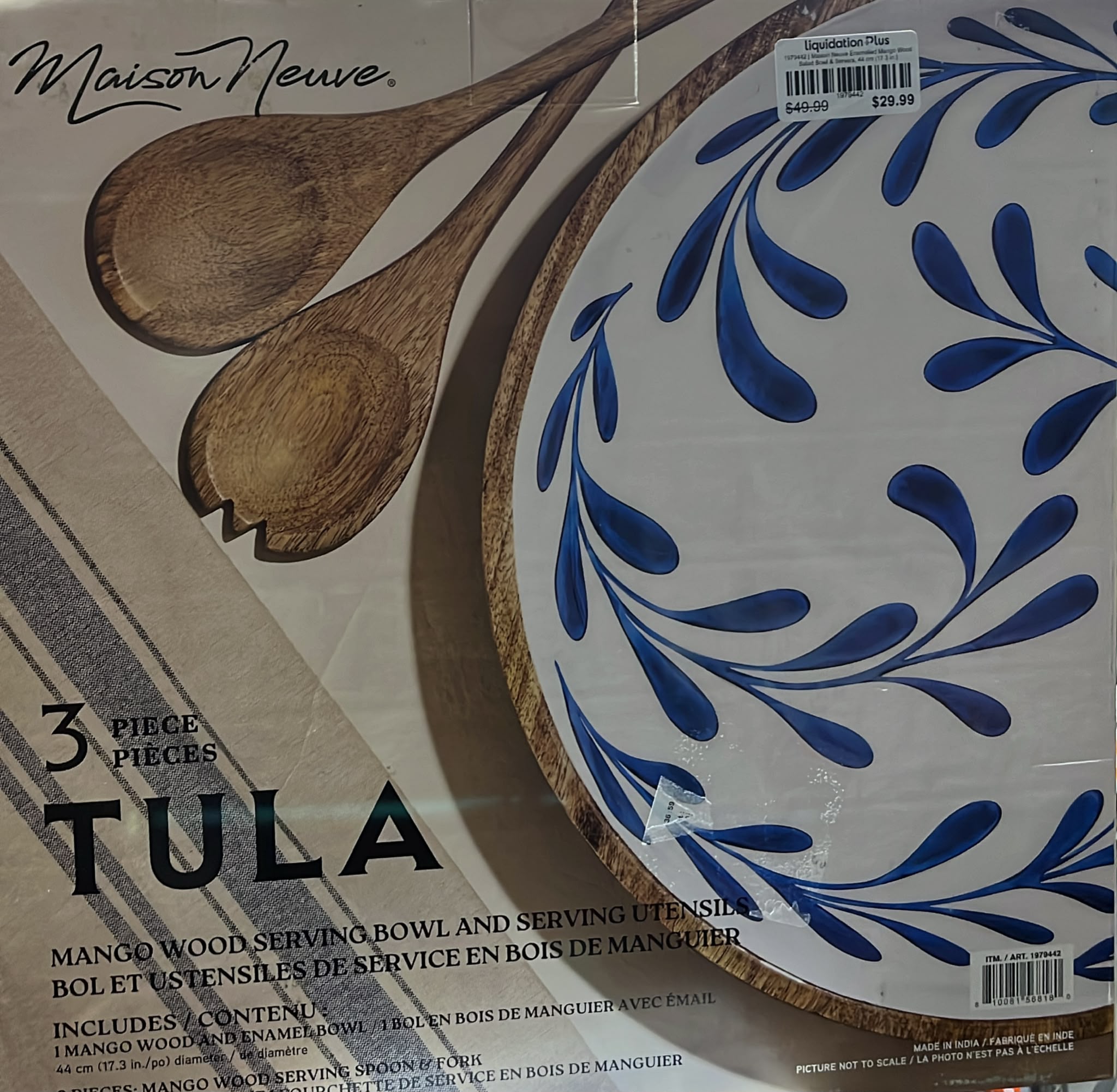 Maison Neuve Enamelled Mango Wood Salad Bowl & Servers, 44 cm (17.3 in.)