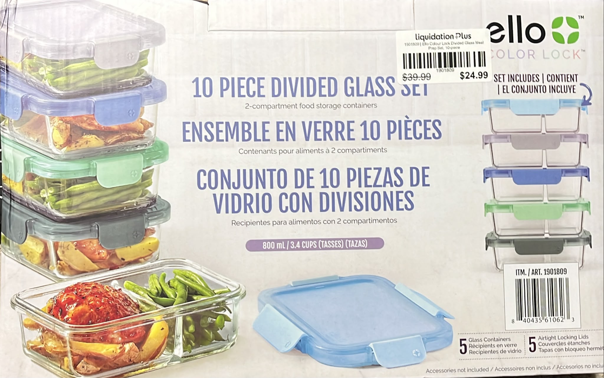 Ello Colour Lock Divided Glass Meal Prep Set, 10-piece