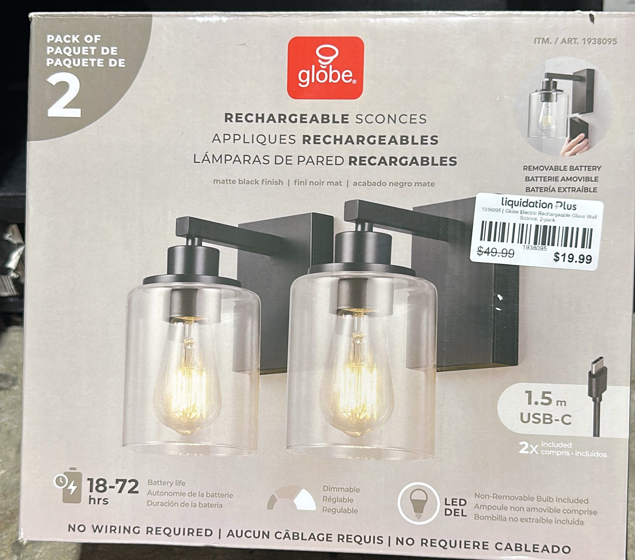 Globe Electric Rechargeable Glass Wall Sconce, 2-pack