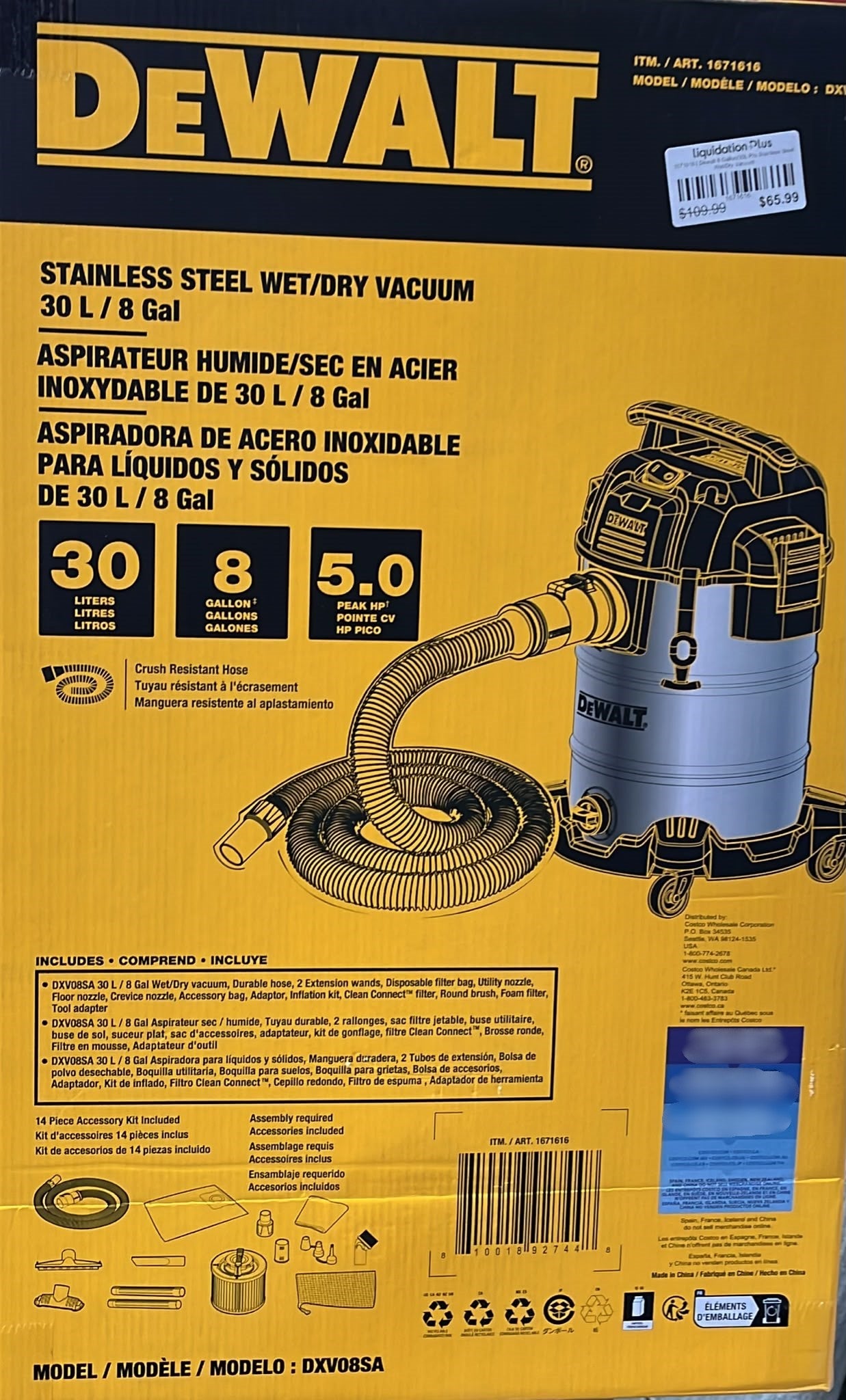 Dewalt 8 Gallon/30L Pro Stainless Steel Wet/Dry Vacuum
