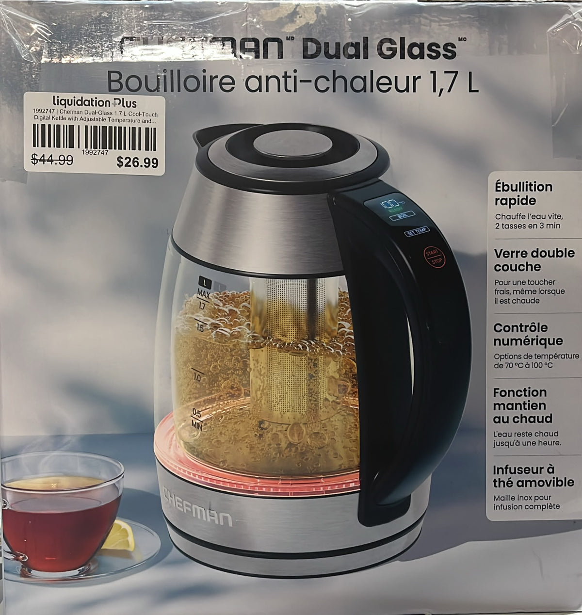 Chefman Dual-Glass 1.7 L Cool-Touch Digital Kettle with Adjustable Temperature and Removable Tea Infuser