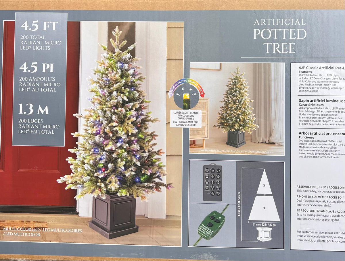 4.5 ft Pre-Lit Glitter Frosted Artificial Potted Christmas Tree, 200 Color-Changing Radiant Micro Twinkle LED Lights