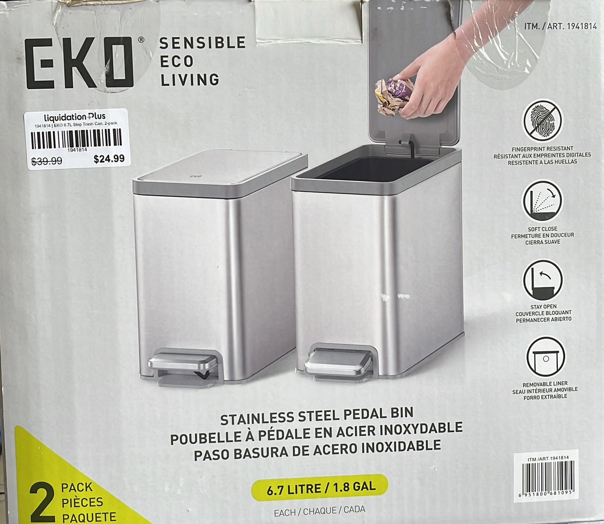 EKO 6.7L Step Trash Can, 2-pack