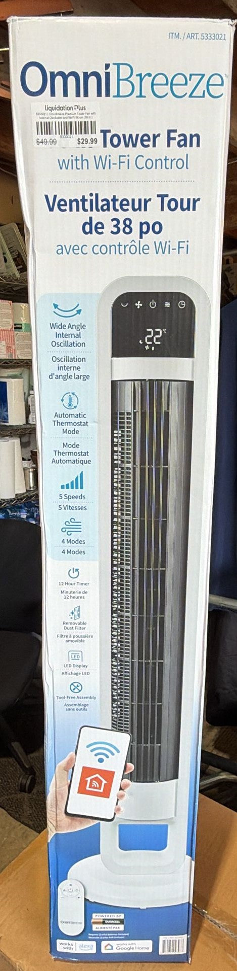 OmniBreeze Premium Tower Fan with Internal Oscillation and Wi-Fi 96 cm (38 in.)