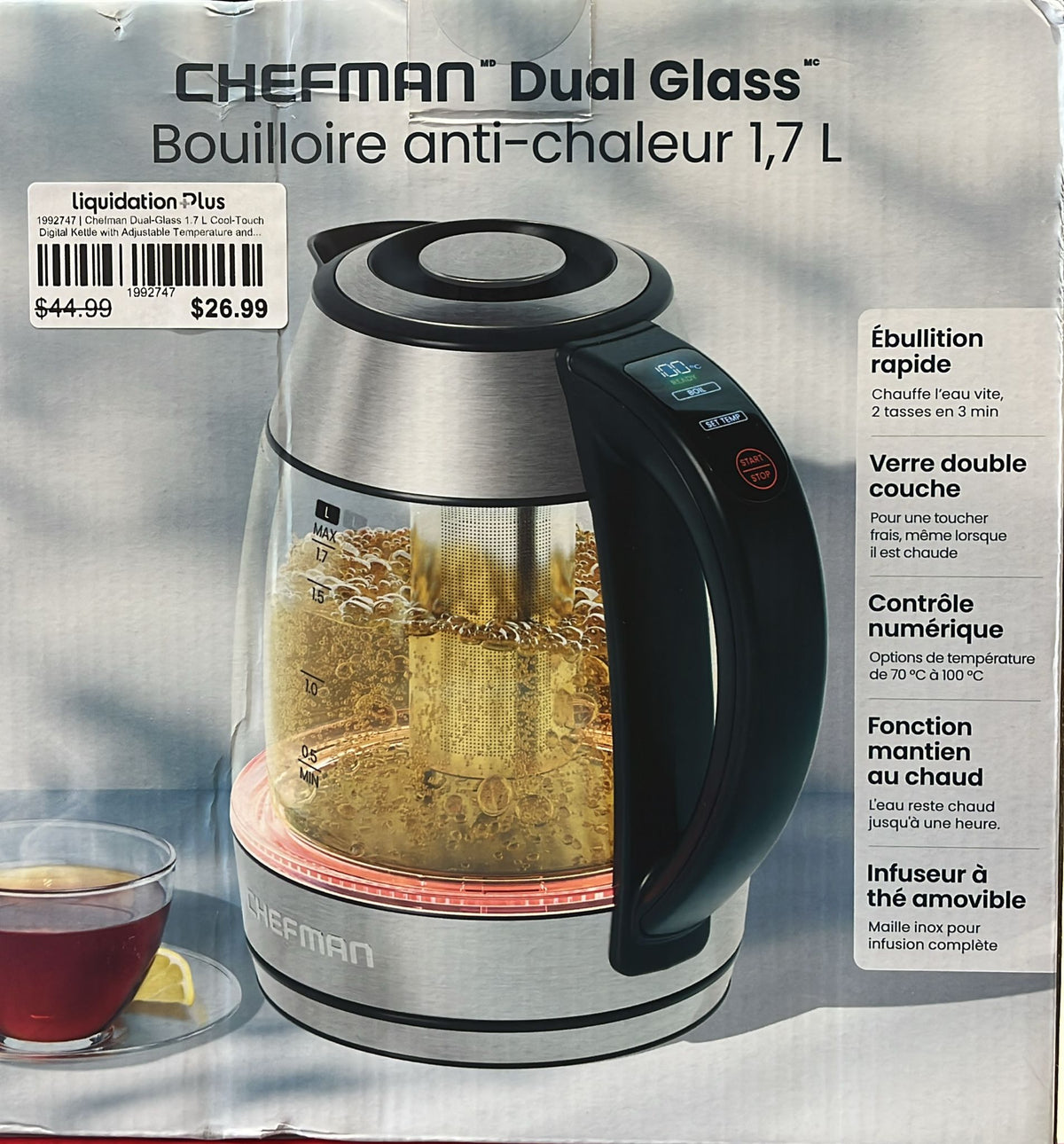 Chefman Dual-Glass 1.7 L Cool-Touch Digital Kettle with Adjustable Temperature and Removable Tea Infuser