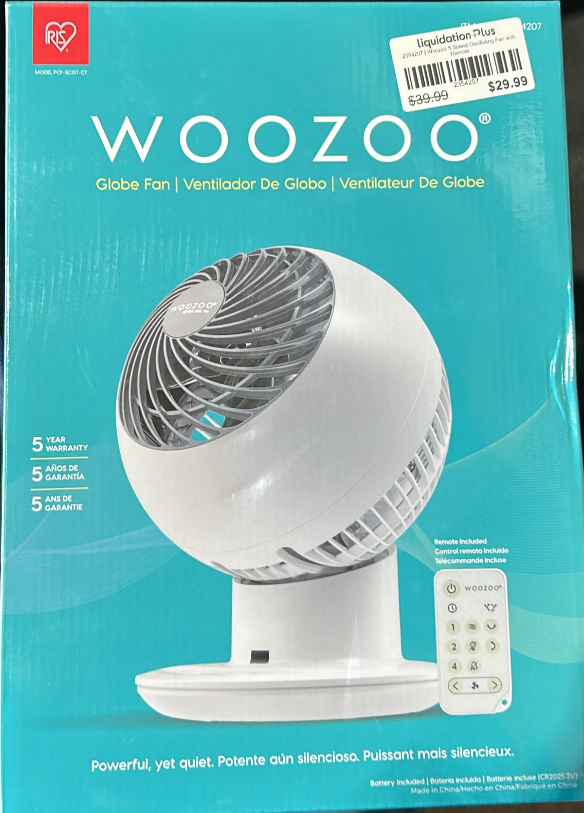 Woozoo 5 Speed Oscillating Fan with Remote