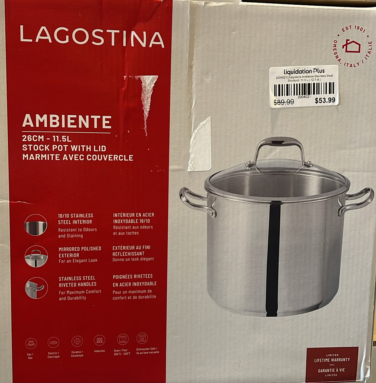 Lagostina Ambiente Stainless Steel Stockpot, 11.5 L ( 12.1 qt.)