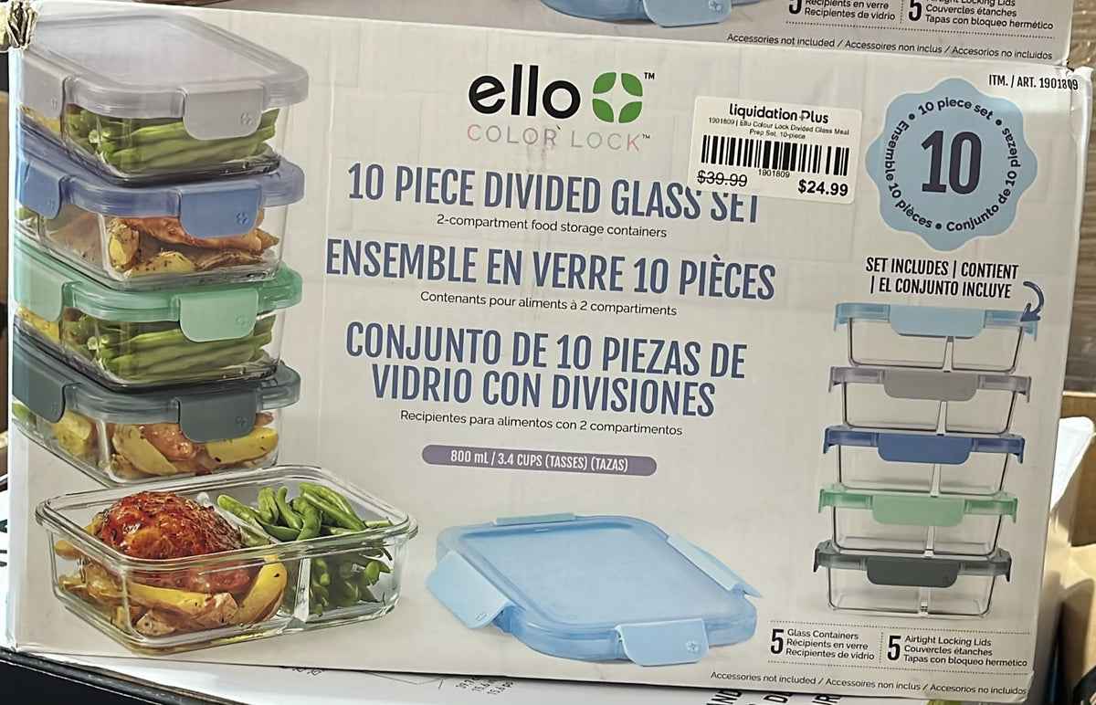 Ello Colour Lock Divided Glass Meal Prep Set, 10-piece