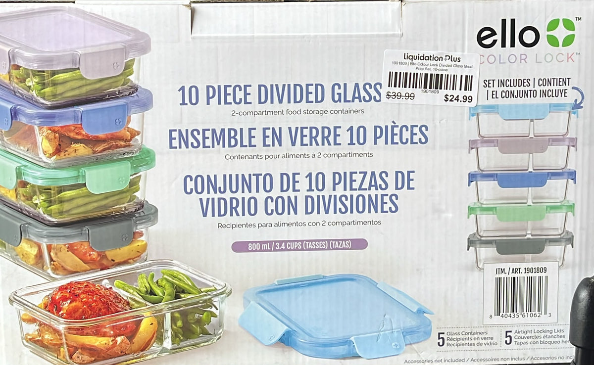 Ello Colour Lock Divided Glass Meal Prep Set, 10-piece