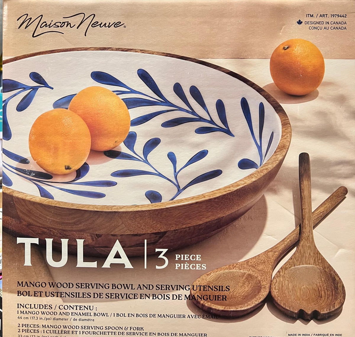 Maison Neuve Enamelled Mango Wood Salad Bowl & Servers, 44 cm (17.3 in.)