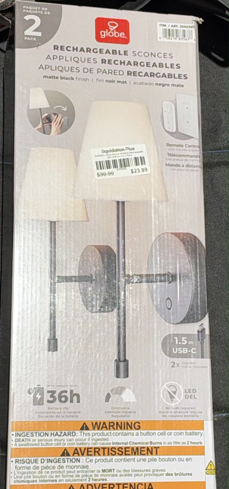 Globe Electric Wireless Rechargeable LED Wall Sconce 2-Pack