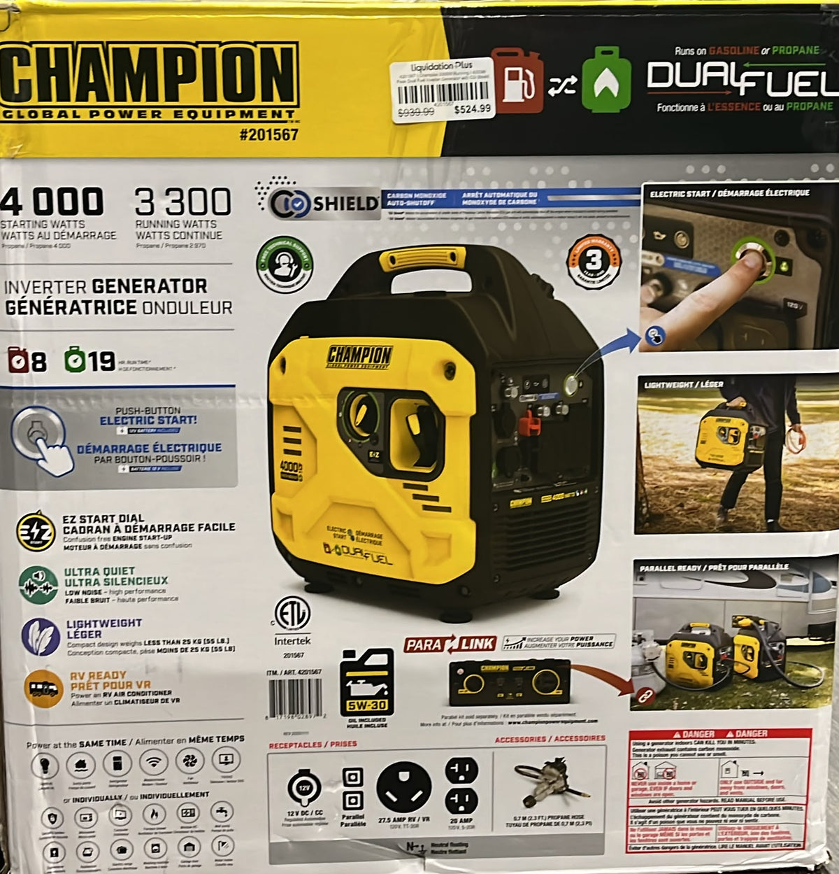 Champion 3300W Running / 4000W Peak Dual Fuel Inverter Generator with CO Shield