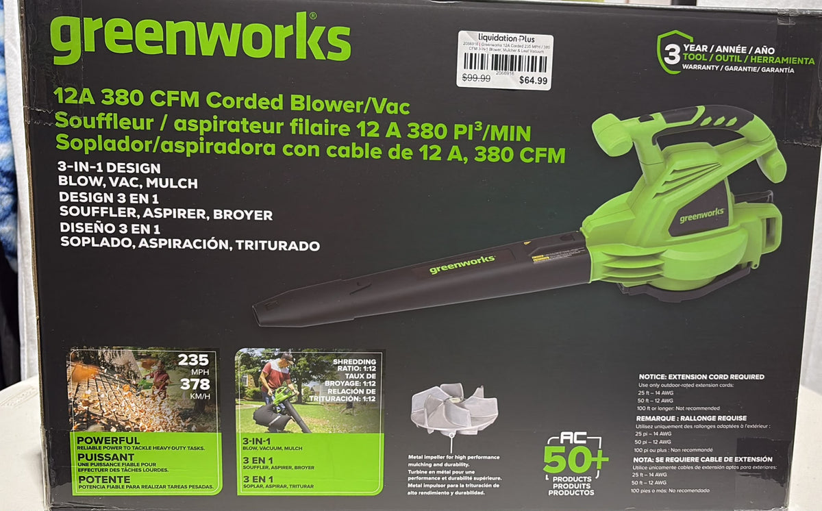 Greenworks 12A Corded 235 MPH / 380 CFM 3-in-1 Blower, Mulcher & Leaf Vacuum