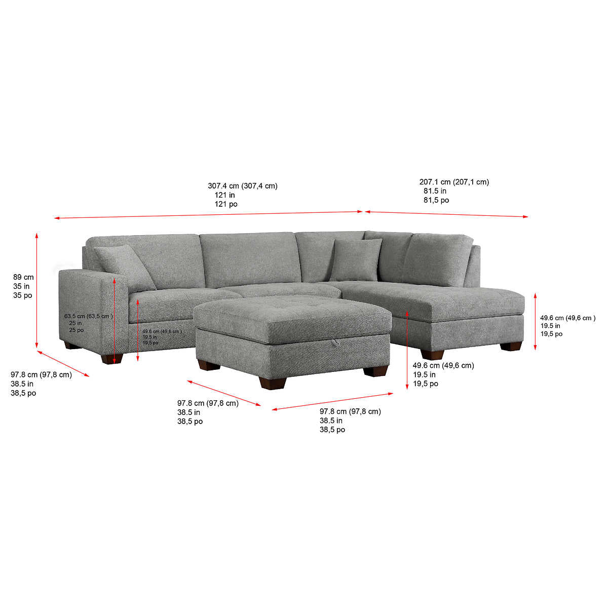 Thomasville Miles 3-piece Fabric Sectional with Storage Ottoman, Grey