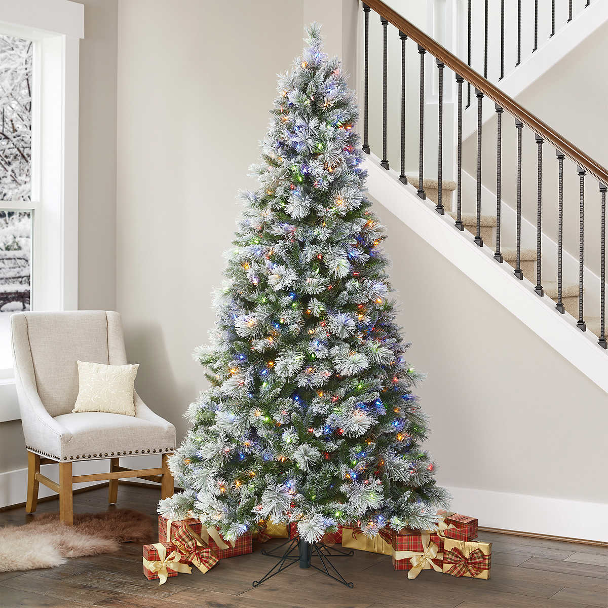 7.5 ft Pre-Lit Glittery Flocked EZ Connect Artificial Christmas Tree, 600 Color-Changing SureBright LED Lights