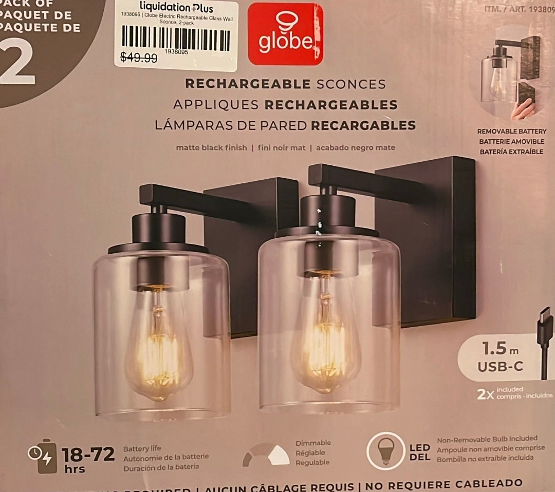 Globe Electric Rechargeable Glass Wall Sconce, 2-pack