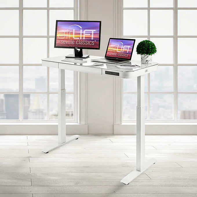 AirLIFT Modern Height Adjustable Electric Glass Desk with Drawer, White